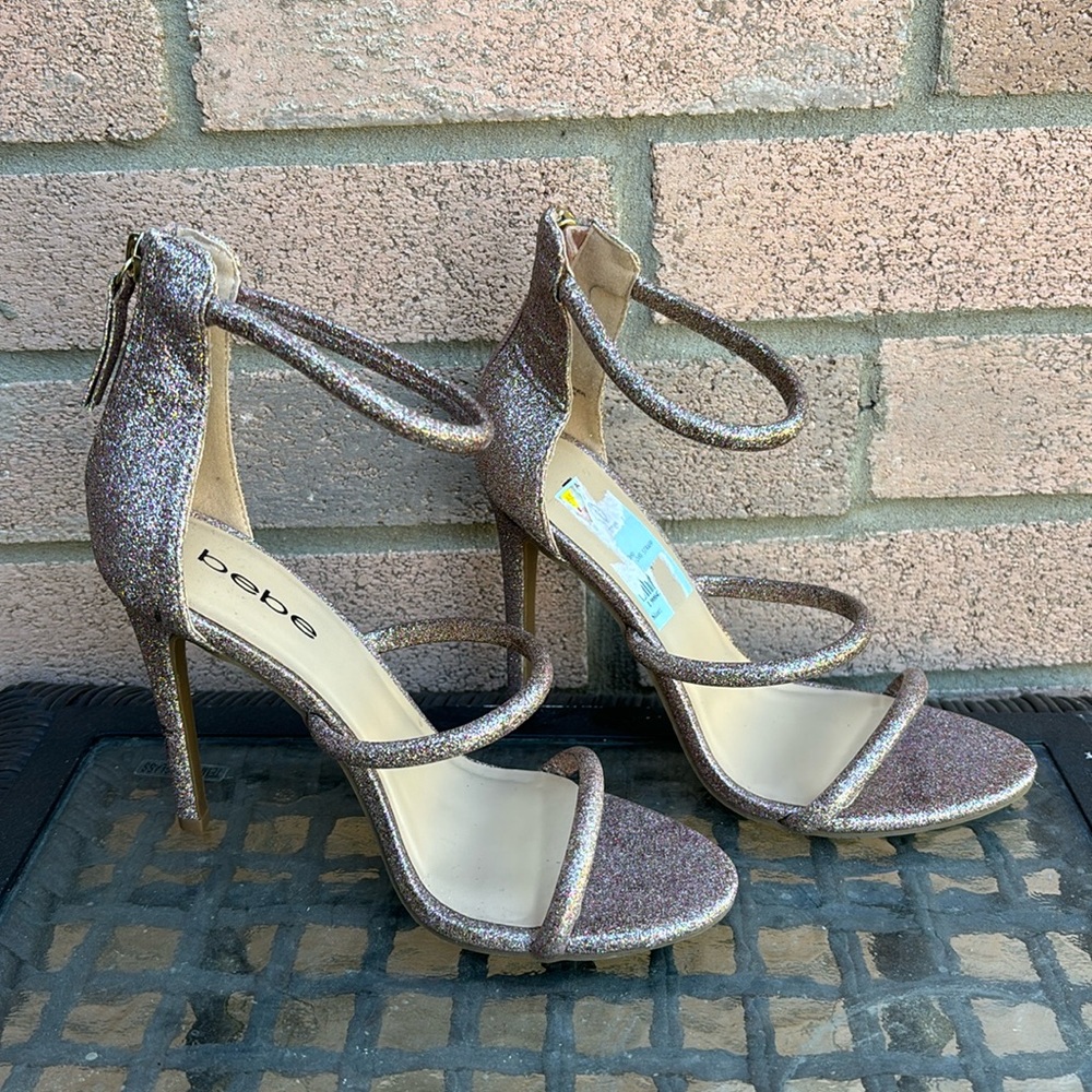 pinkish glitter, open toe,  heels, bebe sandal.